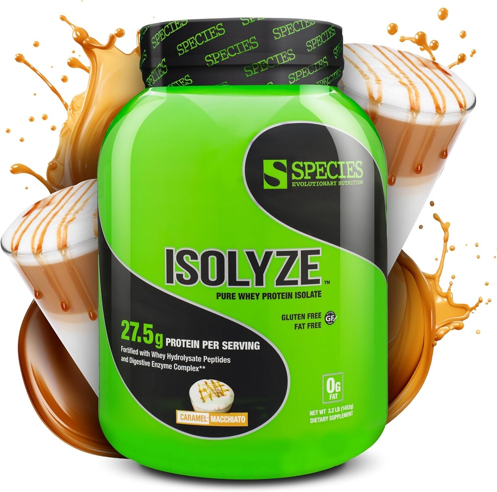 Species Nutrition Isolyze Whey Protein Powder, 100% Whey Isolate for Muscle Building, 27.5g Protein Per Scoop, No Sugar & Low Fat (Caramel Macchiato, 44 Servings)