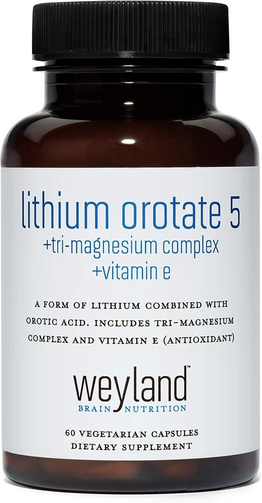 Lithium Orotate 5mg + Tri-Magnesium Threonate, Taurinate, Malate + Glycine + Vitamin E, 60 Vegetarian Capsules