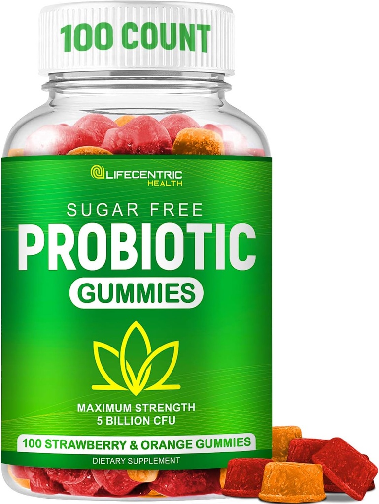 Probiotic Gummies for Adults and Kids Max Strength 5 Billion CFU | Organic Sugar Free Gummies for Digestive Health | 100 Count Vegan Gluten Free Chewable Probiotics Gummies for Men Women and Children