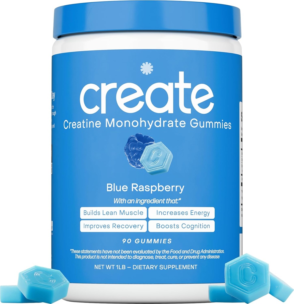 Create Creatine Monohydrate Gummies for Men & Women, Boost Focus, Strength, and Endurance, Anti-Melting Formula, Vegan, Gluten-Free, Non-GMO, 1.5g of Creatine per Gummy (Blue Raspberry, 90 ct)