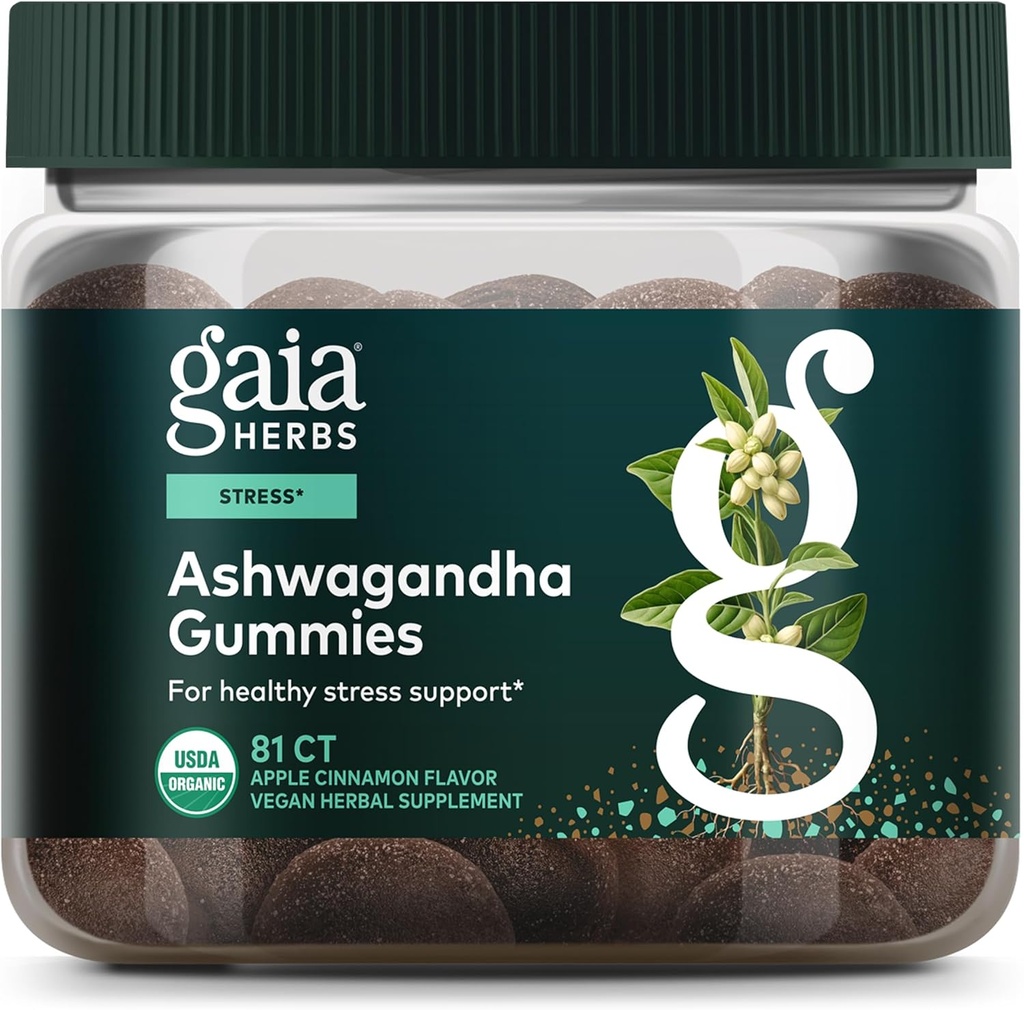 Gaia Herbs Organic Ashwagandha Gummies - Stress Support* - Made with Cinnamon & Ginger - Gluten Free & Vegan - 81 Count