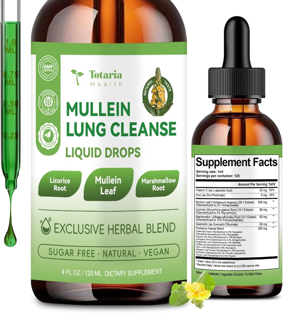 Mullein Drops for Lungs with Licorice, Marshmallow Root, Chlorophyll, 4 FL.OZ Sugar Free Mullein Drops for Lung Detox, Respiratory & Immune Wellness, Lung & Bronchial Cleanse for Smokers, No Alcohol