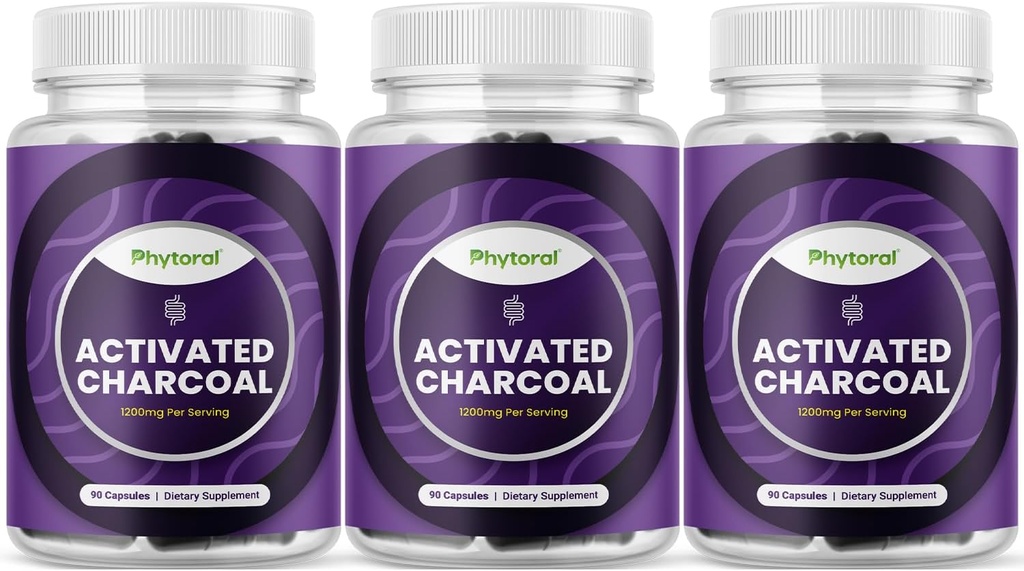 Activated Charcoal Pills Detox & Cleanse - Purifying Coconut Capsules with 1200 mg Per Serving for Bloating Relief - Active Detoxification Supplement for Body & Gut Health - 90 Count - 3 Pack