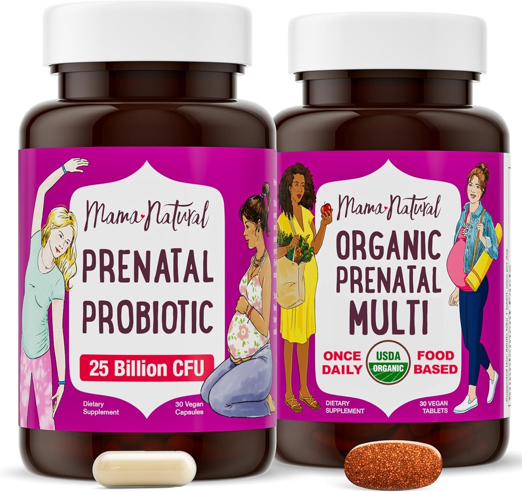 Mama Natural Prenatal Bundle – Organic prenatal Vitamins for Women + Purposefully Selected Probiotics for Pregnancy & Postpartum Wellness - Just 2 Pills a Day - Vegan & Non-GMO (30 Day Supply)
