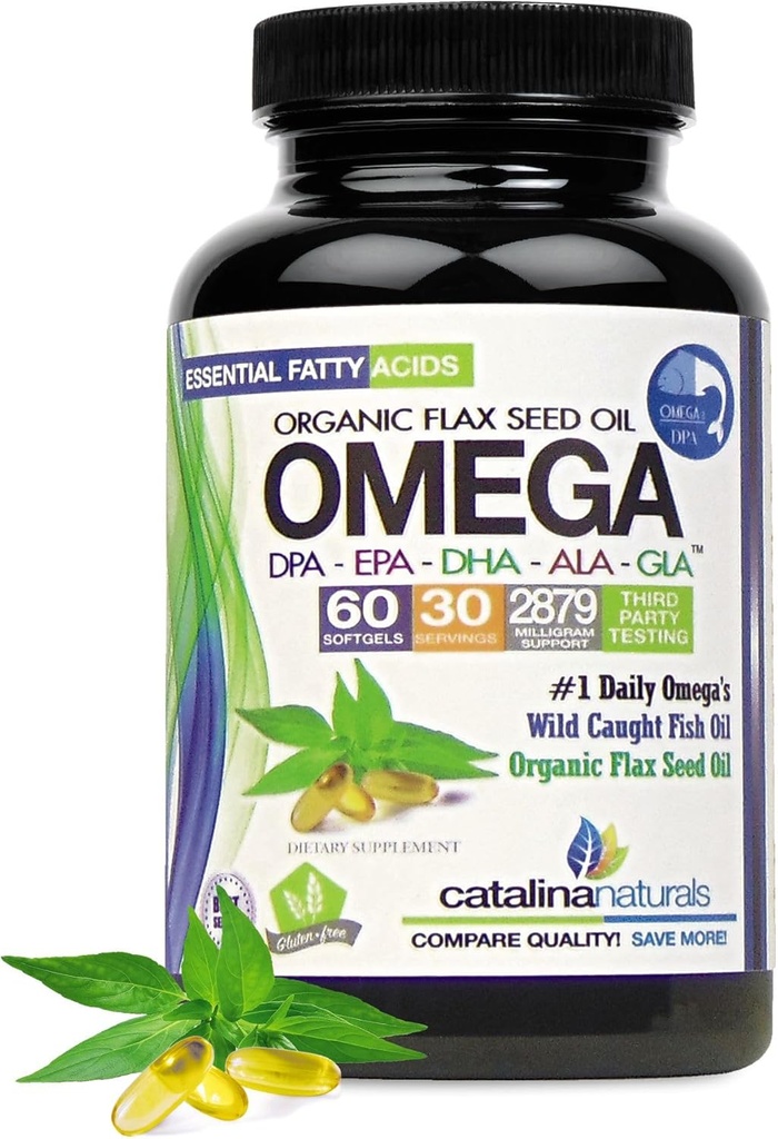 Omega 3-6-9 Blend with DPA, EPA, DHA, ALA and GLA with Borage, Fish and Organic Flax Seed Oil – Over 2,400 Milligram Strength - Gluten Free - Easy to Swallow - 60 SoftGels