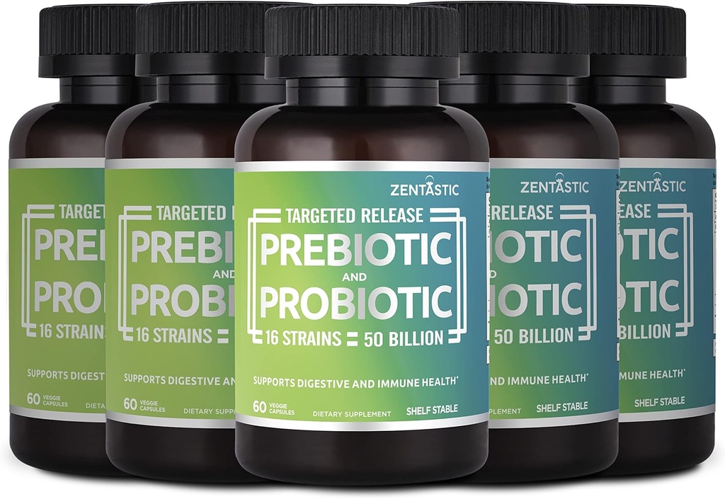 Zentastic Probiotics & Prebiotics Supplement - 50 Billion CFU - for Men & Women’s Immune & Digestive Health - 16 Strains - Shelf Stable - 300 Delayed Release Veggie Capsules