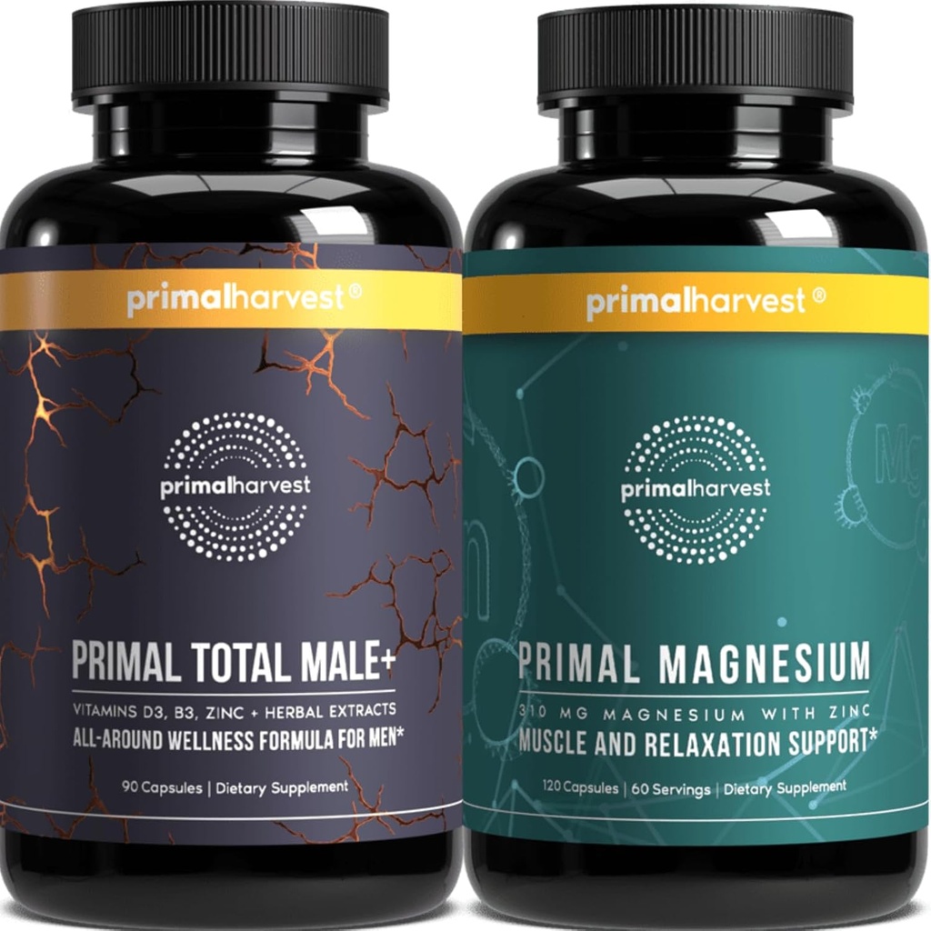 Primal Harvest Total Male+ & Magnesium Supplement Optimize Men’s Health with Targeted Nutrients for Vitality & Recovery 2 Pack Bundle
