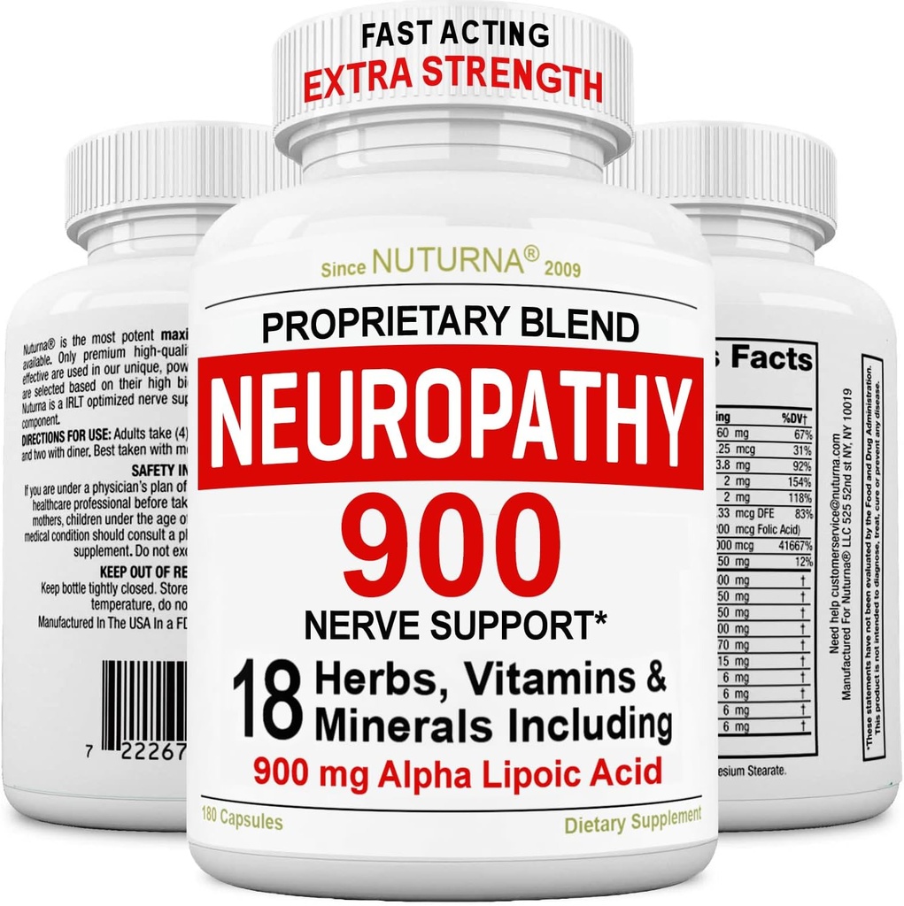 Neuropathy Support Nerve Supplement with 900 mg Pure Alpha Lipoic Acid - Maximum Strength Formula, Fortify Nerves in Fingers, Hands, Toes, & Feet - Best Peripheral Relief Support - 180 Capsules