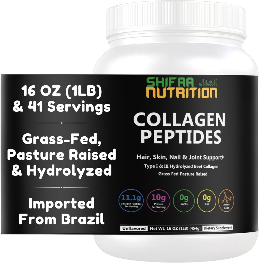 Halal & Grass Fed Collagen Peptides Powder 1 lb. 16oz Unflavored Hydrolyzed Collagen Peptides Powder Type I & Type III for Hair, Skin, Nails & Joints | Keto & Paleo Friendly | Sugar & Gluten Free