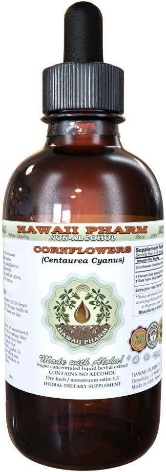 Hawaii Pharm Cornflower Alcohol-Free Liquid Extract, Organic Cornflower (Centaurea Cyanus) Dried Flower Glycerite Natural Herbal Supplement 2 oz
