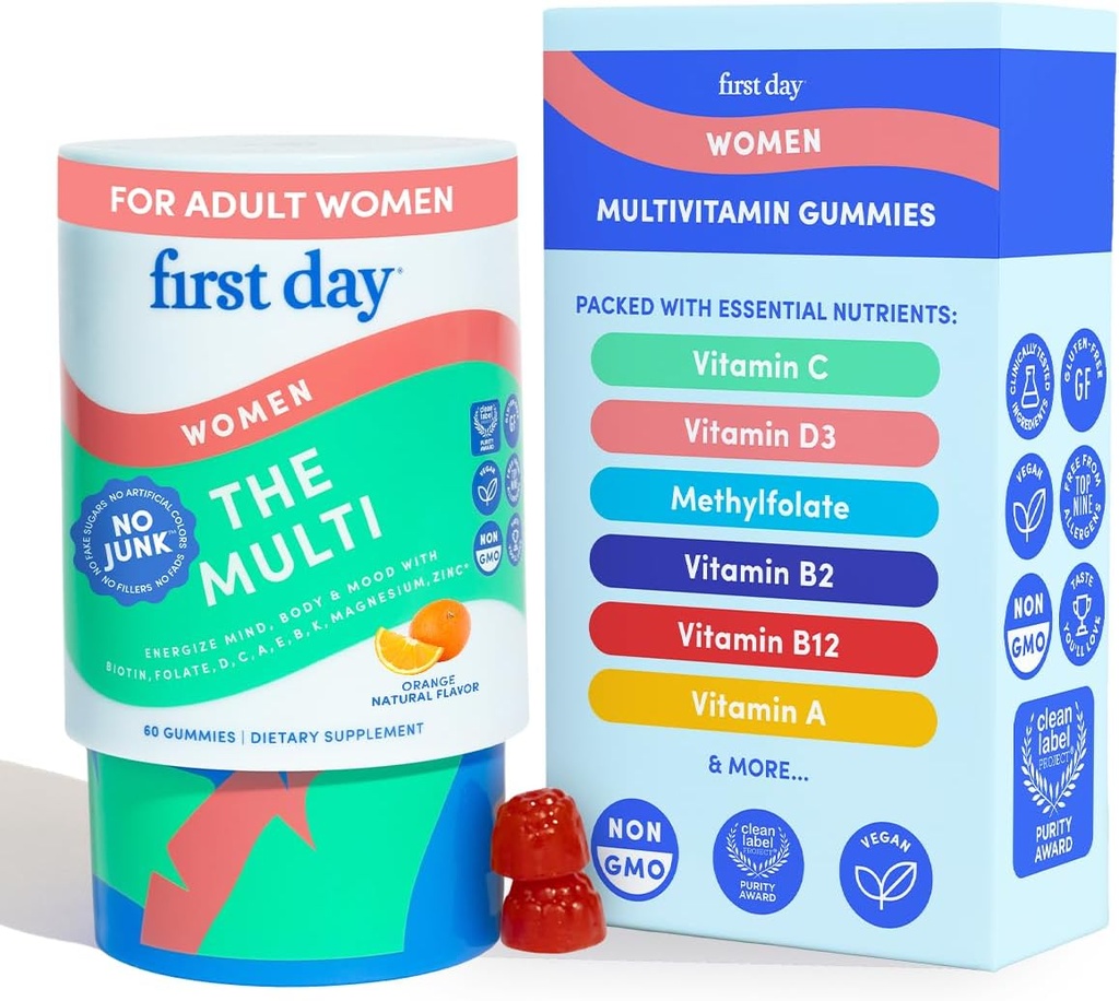 FIRST DAY Multivitamin for Women - Daily Womens Multivitamin Gummies - Vitamin A C D E B12, Magnesium, Zinc, Biotin – Vegan, Gluten Free Womens Vitamins - Hair Growth, Skin, Energy – 30 Day Supply