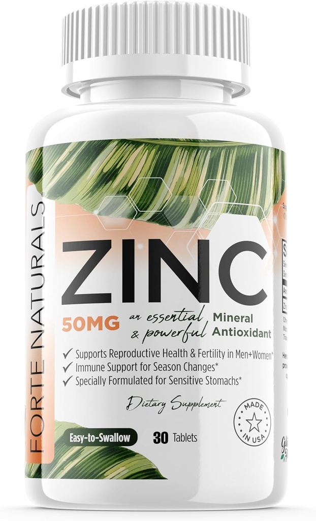Zinc 50mg, (30 Tablets), Specially Formulated for Sensitive Stomach, Immune Support, Skin & Hair, Vegan Zinc Supplement, Non-GMO Made in USA