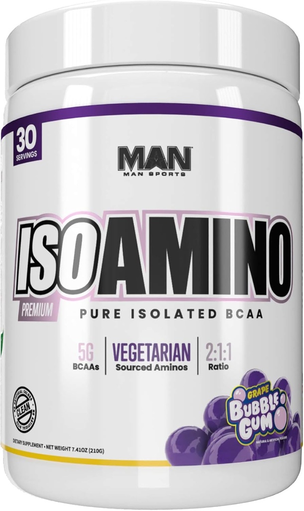 Man Sports ISO-Amino Pure Isolated BCAAs - Build Lean Muscle - Branched Chain Amino Acids Powder - Keto BCAA - Accelerate Recovery - 210 Grams, 30 Servings - Grape Bubble Gum