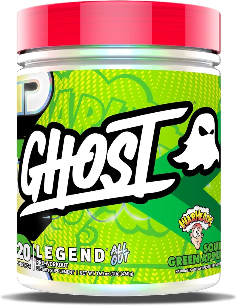 GHOST Legend All Out Pre-Workout Powder, Warheads Sour Green Apple - 20 Servings - Pre-Workout Supplement for Men & Women - Energy & Pumps - Caffeine, L-Citrulline, & Beta Alanine Blend - Sugar Free