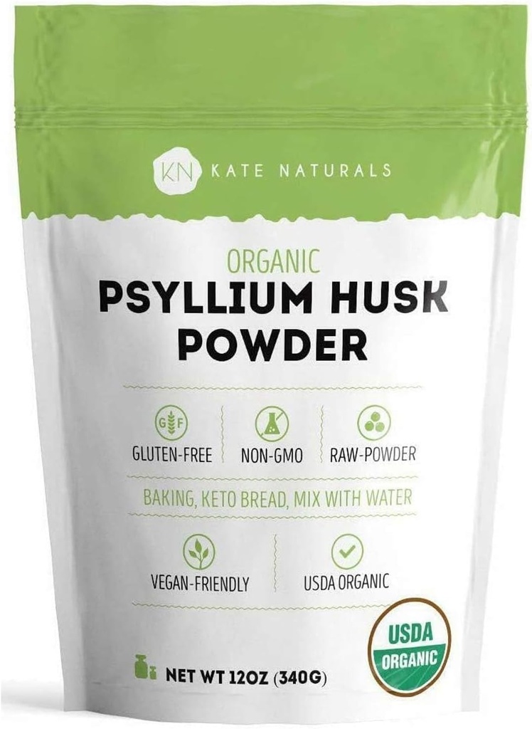 Kate Naturals Psyllium Husk Powder for Fiber, Digestion & Baking Bread. Mixes Easily with Juice & Smoothies (12oz, Organic, Gluten Free, Fine Ground)
