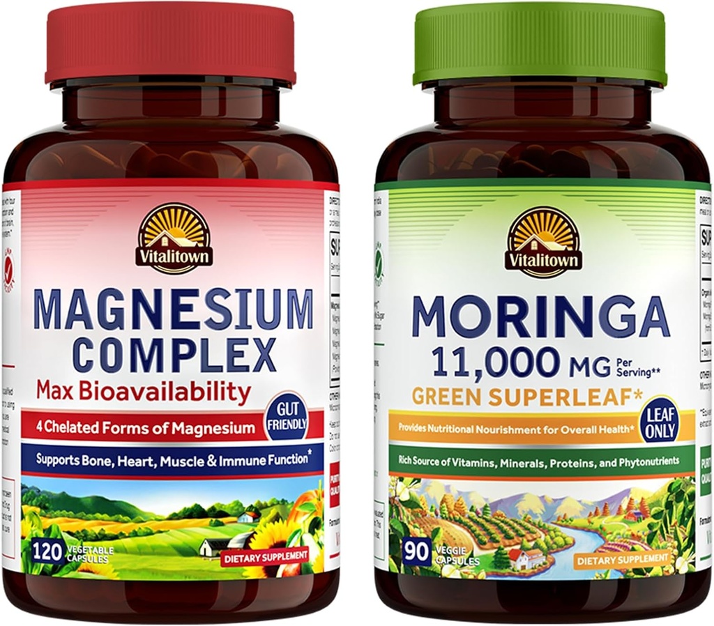 Vitalitown Magnesium + Moringa Bundle (Pack of 2) | Magnesium Complex (Item 1) & Moringa (Item 2) | 120 Magnesium Capsules & 90 Moringa Capsules