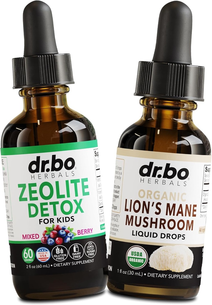 Zeolite Detox & Lions Mane Drops - Zeolite for Kids & Adults with Vitamins B12 & D, Clinoptilolite Gentle Body Daily Detox Cleanse - Organic Lion's Mane Mushroom Liquid Drops for Focus, Fog, Brain