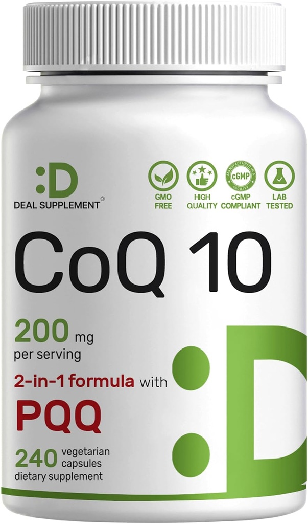 DEAL SUPPLEMENT CoQ10 200mg with PQQ 200mcg, 240 Veggie Capsules | Bioavailable Coenzyme Q10 Complex | Supports Heart, Energy & Brain Health | Antioxidant Support | Non-GMO