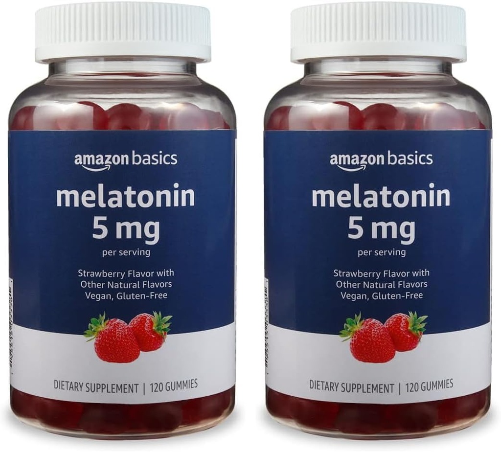 Amazon Basics Melatonin 5mg, 120 Gummies (2 per Serving), Strawberry (Previously Solimo) (Pack of 2)