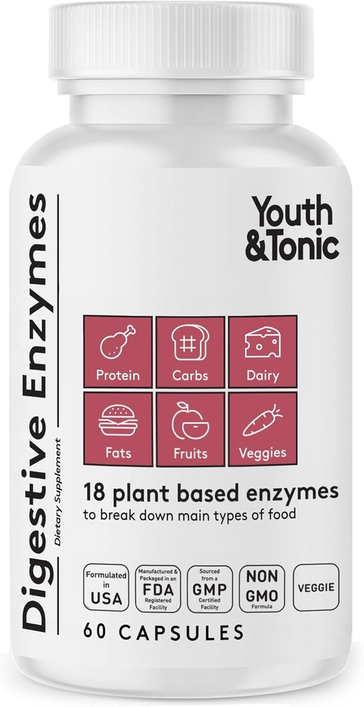 Youth & Tonic Digestive Enzymes with Amylase Bromelain Lipase Lactase Protease Papain - Advanced Digestion Plant Enzymes for Food Breakdown Gas Bloating Gut Health - Women & Men - 60 Vegetable Pills