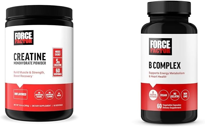 Force Factor Creatine Powder 60 Servings and Vitamin B Complex 60 Capsules Bundle for Muscle Gain, Strength, Energy, and Faster Recovery