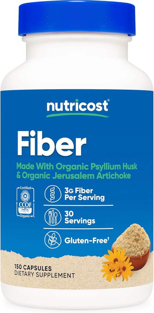 Nutricost Fiber Capsules with Prebiotic Fiber Supplement 150 Capsules - CCOF Certified Supplement, Made with Organic Psyllium Husk & Organic Jerusalem Artichoke, Gluten Free, 3 G Per Serving