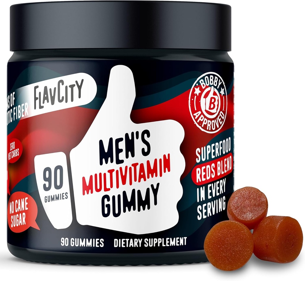 FlavCity Multivitamin for Men - Daily Mens Multivitamins Gummies with Premium Vitamins, Minerals & Prebiotic Fiber - No Cane Sugar or Seed Oils - with Organic Beets, Acai & More (90 Gummies)