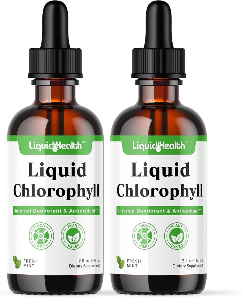 LIQUIDHEALTH Liquid Chlorophyll Drops - Internal Deodorizer, Antioxidants, Liver Detox, Immune Support, Relieve Bad Breath, Reduce Appetite, Collagen for Hair & Skin Health - Vegan, Non-GMO (2 Pack)