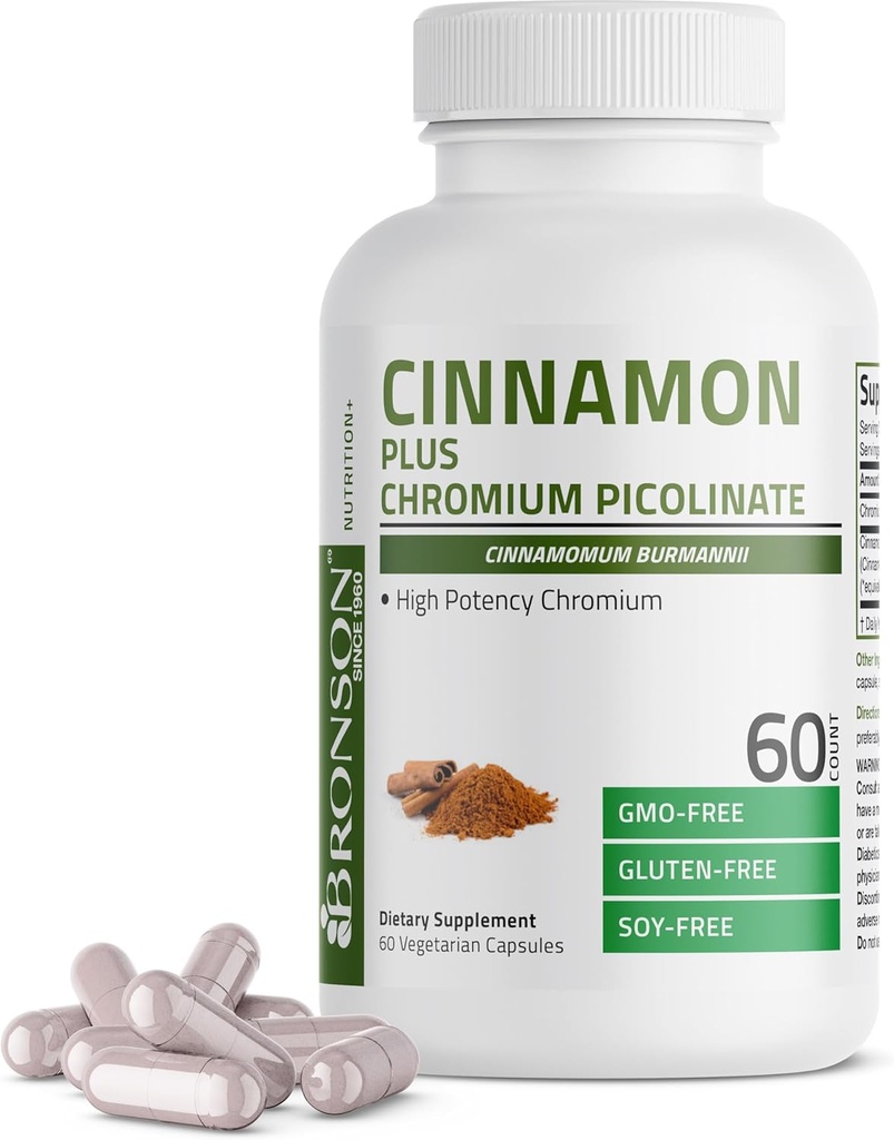 Bronson Cinnamon Plus Chromium Picolinate Supplement, High Potency Chromium, Non-GMO, 60 Vegetarian Capsules