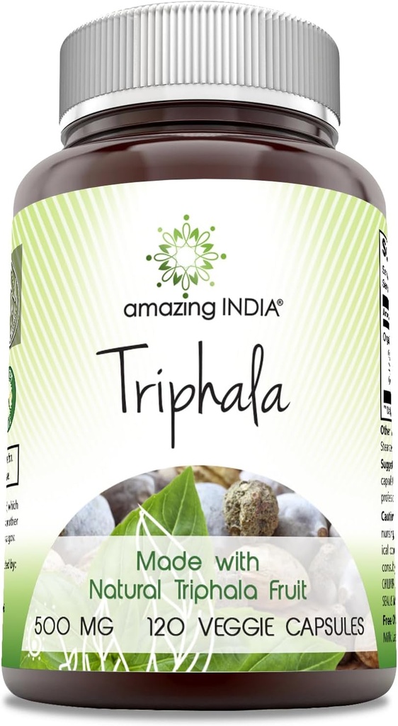 Amazing India Natural Triphala Supplement | 500 Mg per Serving | 120 Veggie Capsules | Non-GMO | Gluten-Free | Made in USA