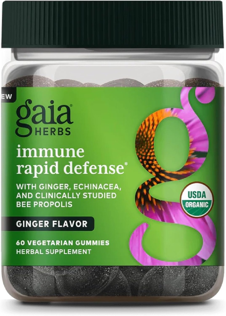 Gaia Herbs Organic Immune Rapid Defense Gummies - Supports Immunity - with Propolis, Ginger, and Echinacea - 60 Vegan Gummies (30-Day Supply)