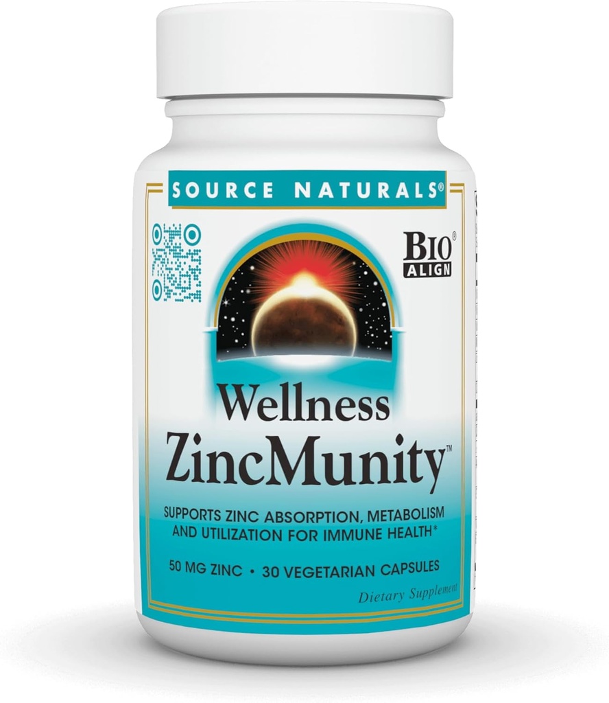 Source Naturals Wellness ZincMunity, Supports Zinc Absorption, Metabolism and Utilization for Immune Health*, 50 mg Zinc - 30 Vegetarian Capsules