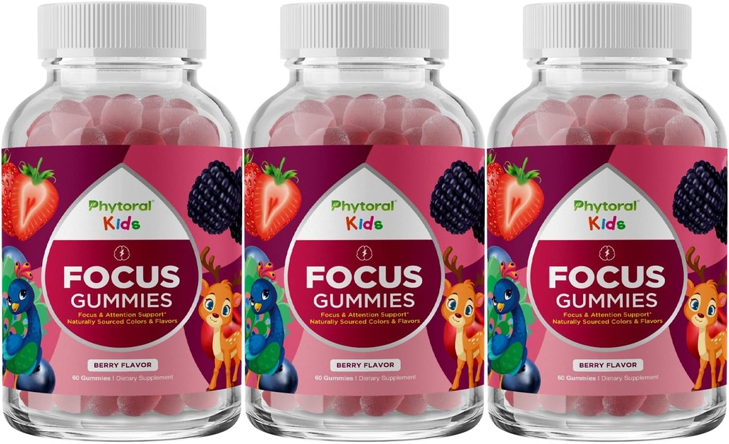 Vegan Kids Focus Gummies - Potent Chewable Brain Support for Children - Enhances Concentration & Memory - Calming Supplements & Focus Gummies for Kids - Non-GMO & Gluten-Free - 60 Count - 3 Pack