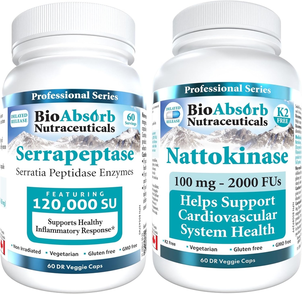 Bio Absorb Serrapeptase Enzyme 60 Caps - Nattokinase Supplement 60 Caps Bundle