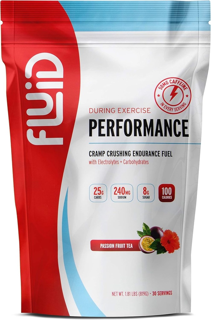 Fluid Performance - Low Sugar Endurance Fuel Sports Drink Mix with Electrolytes, All Natural Ingredients, Gluten-Free for Before or During Exercise (Passion Fruit Tea w/50mg Caffeine, 30 Serving)