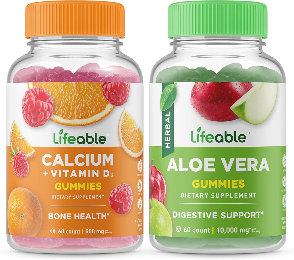 Lifeable Calcium with Vitamin D + Aloe Vera, Gummies Bundle - Great Tasting, Vitamin Supplement, Gluten Free, GMO Free, Chewable