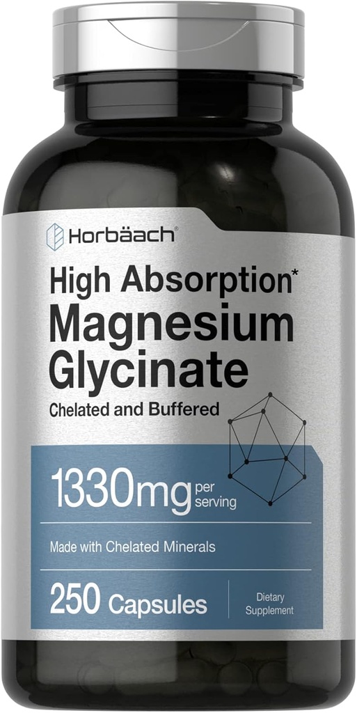 Horbäach Buffered Magnesium Glycinate | 1330mg | 250 Capsules | with Chelated Minerals | Non-GMO, Gluten Free