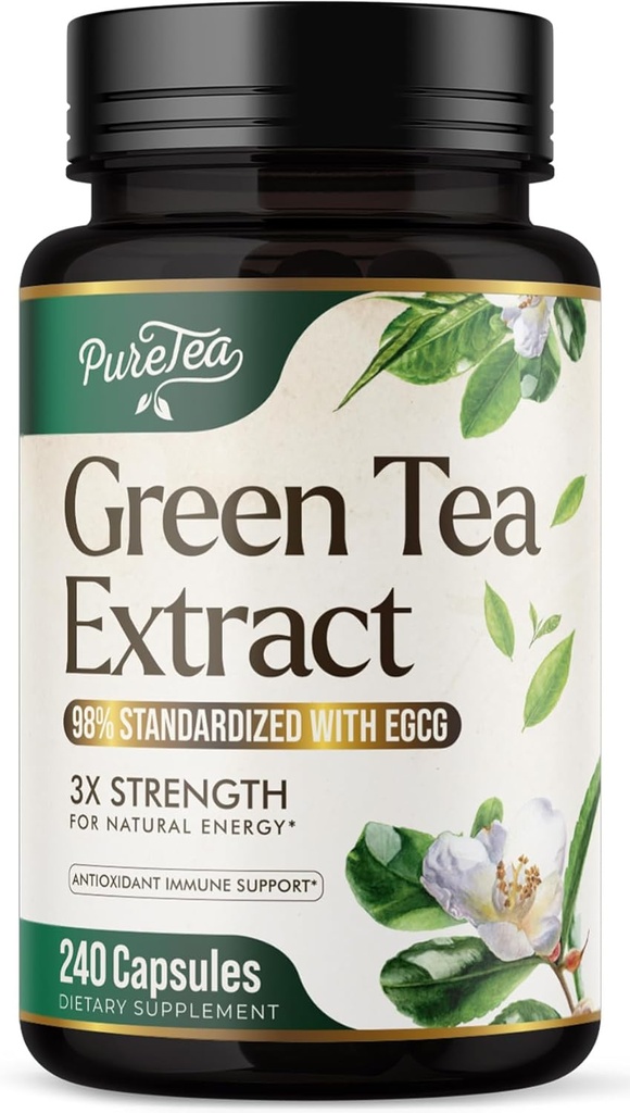 Green Tea Extract Capsules 1000mg - 98% Polyphenols & 45% EGCG for Heart Support with Antioxidants - 3X Absorption Green Tea Pills Supplement for Natural Energy, Gentle Caffeine - 240 Capsules