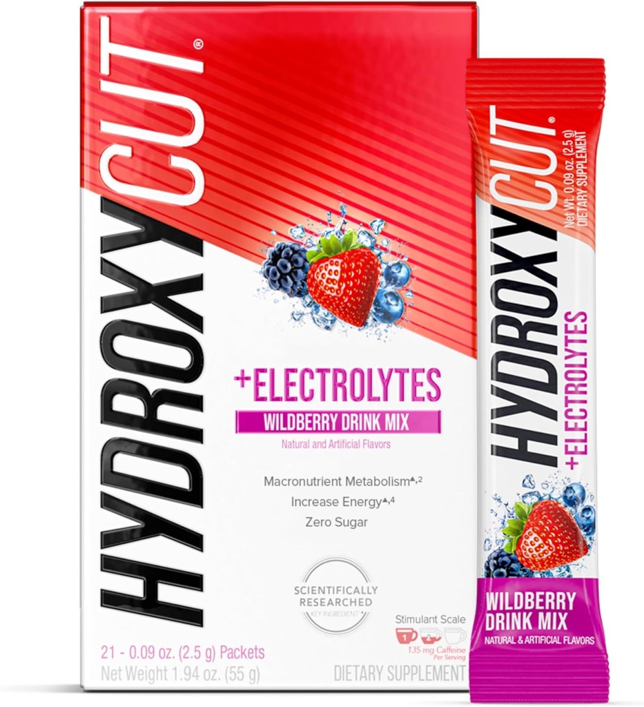 Hydroxycut Drink Mix, Wildberry Blast - 21 Travel-Size Packets - Zero Calories, Zero Sugar - Boost Metabolism, Burn Calories, Increase Energy - for Women & Men