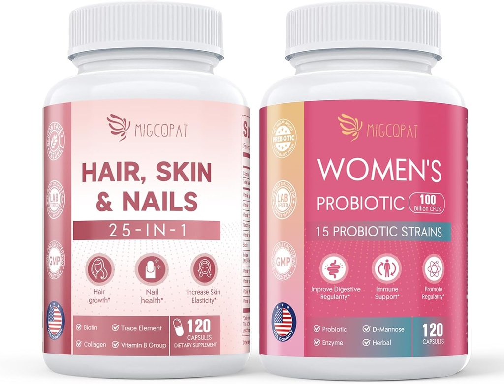Probiotics for Women & Hair, Skin & Nails Supplement Bundle, Vaginal & Urinary Health, Feminine Health, Supports Hair Growth, Skin Health, Nail Strength