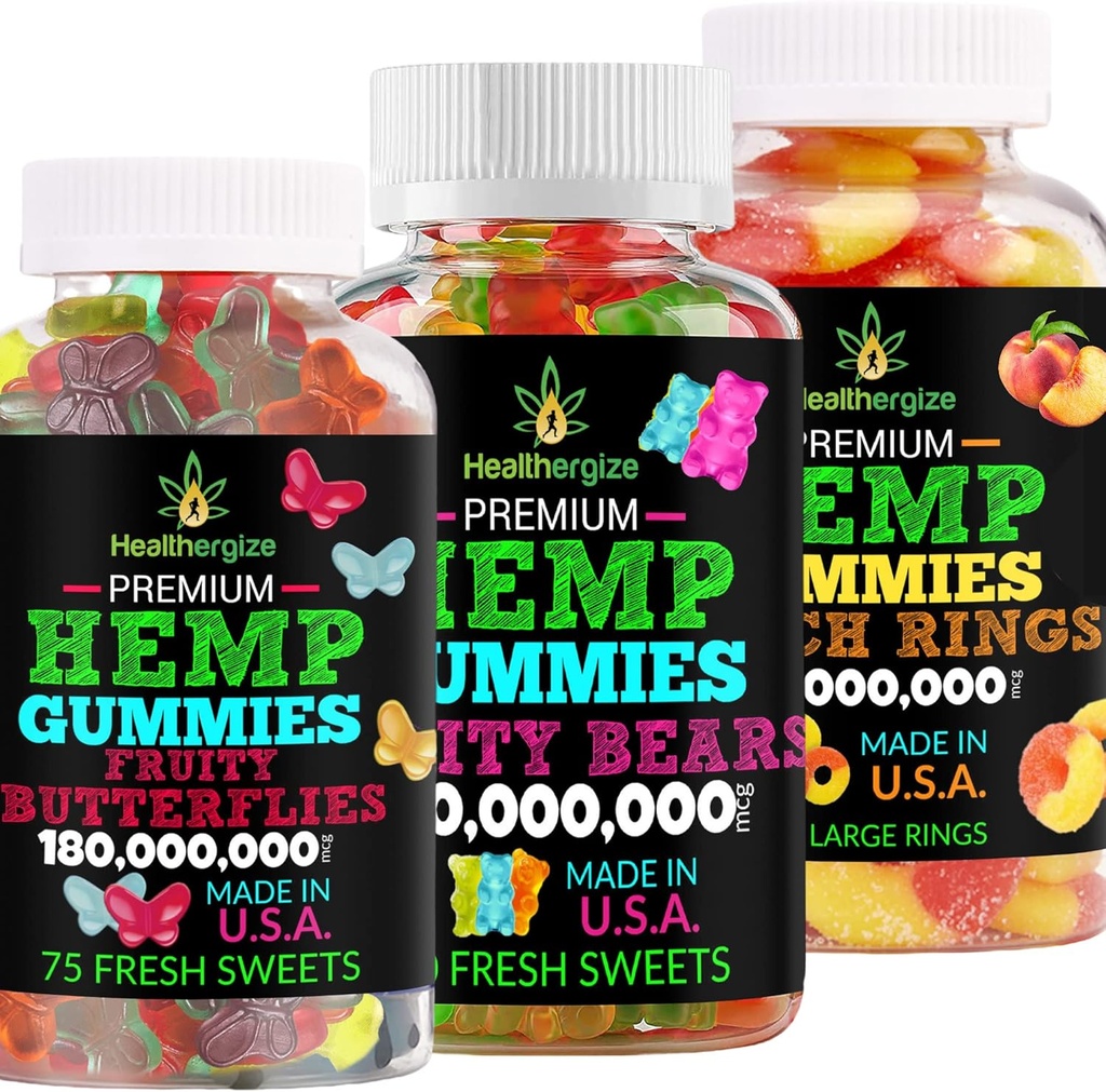 3PACK Hemp Gummies Premium-Hempoil Gummy Bears, Fruit Butterflies and Fresh Peach Rings-for Sleep, Calm, Relax, Back, Discomfort-Natural Party-Made in USA