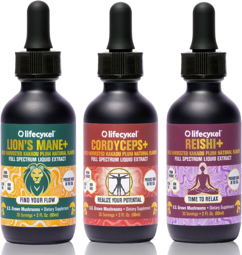Life Cykel Professional Athletes Pack - Reishi, Lion's Mane & Cordyceps Mushroom Extract- Full-Spectrum Mushroom Tincture for Energy, Focus and Immune Health- Vegan, Non-GMO Formula