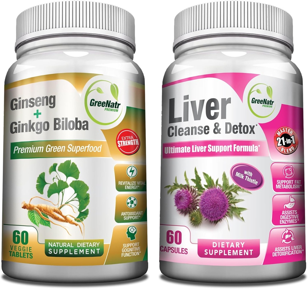 GreeNatr Mind and Body Well-Being Premium Supplement: Liver Cleanse Detox & Repair Formula, Plus: Panax Ginseng + Ginkgo Biloba Tablets to Elevate Your Vitality.
