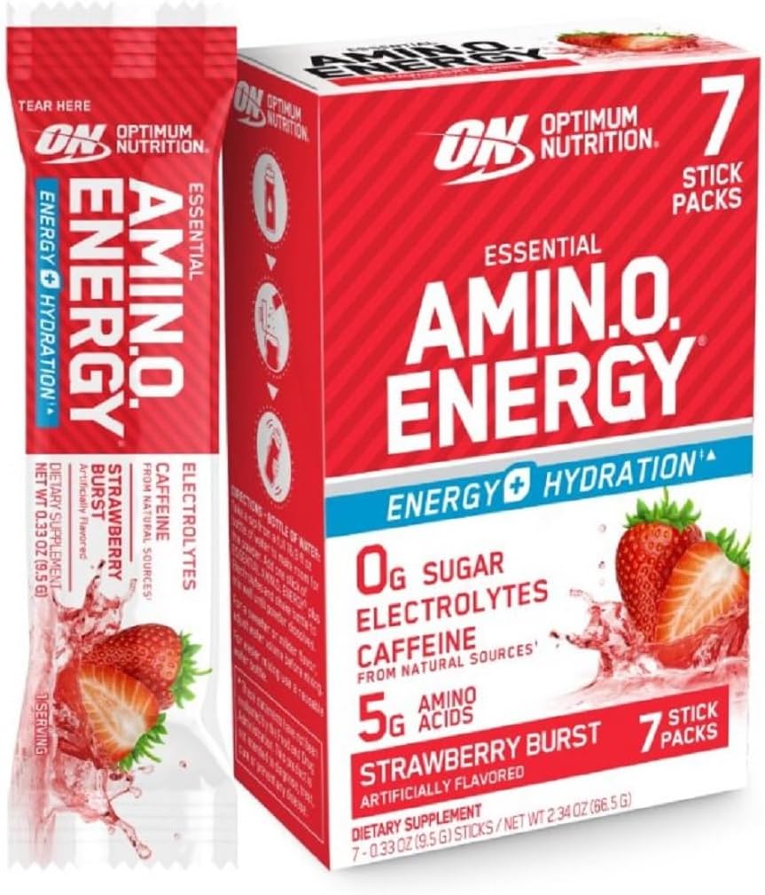 Optimum Nutrition Essential Amino Energy Plus Electrolytes Stick Packs, Energy Powder, Strawberry Burst, 7 Count