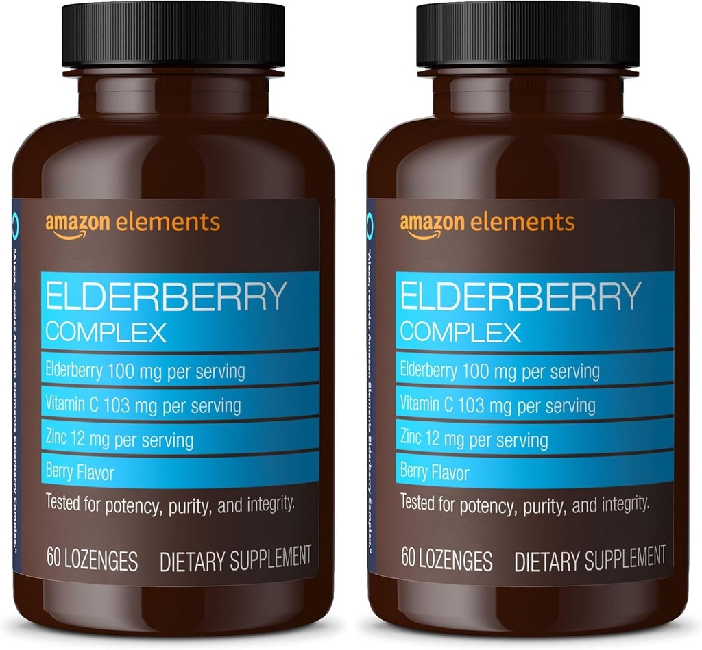 Amazon Elements Elderberry Complex Berry Flavored Immune System Support Lozenges, Adult, 60 Count, (Packaging May Vary) (Pack of 2)