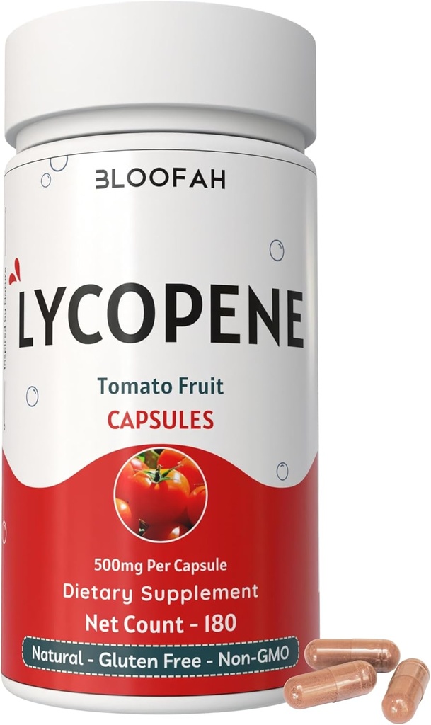 Lycopene Tomato Fruit Powder Capsules 500mg - Natural Carotenoid Supplement for Health & Wellness Support | Gluten Free & Non-GMO Lycopene Supplements for Men