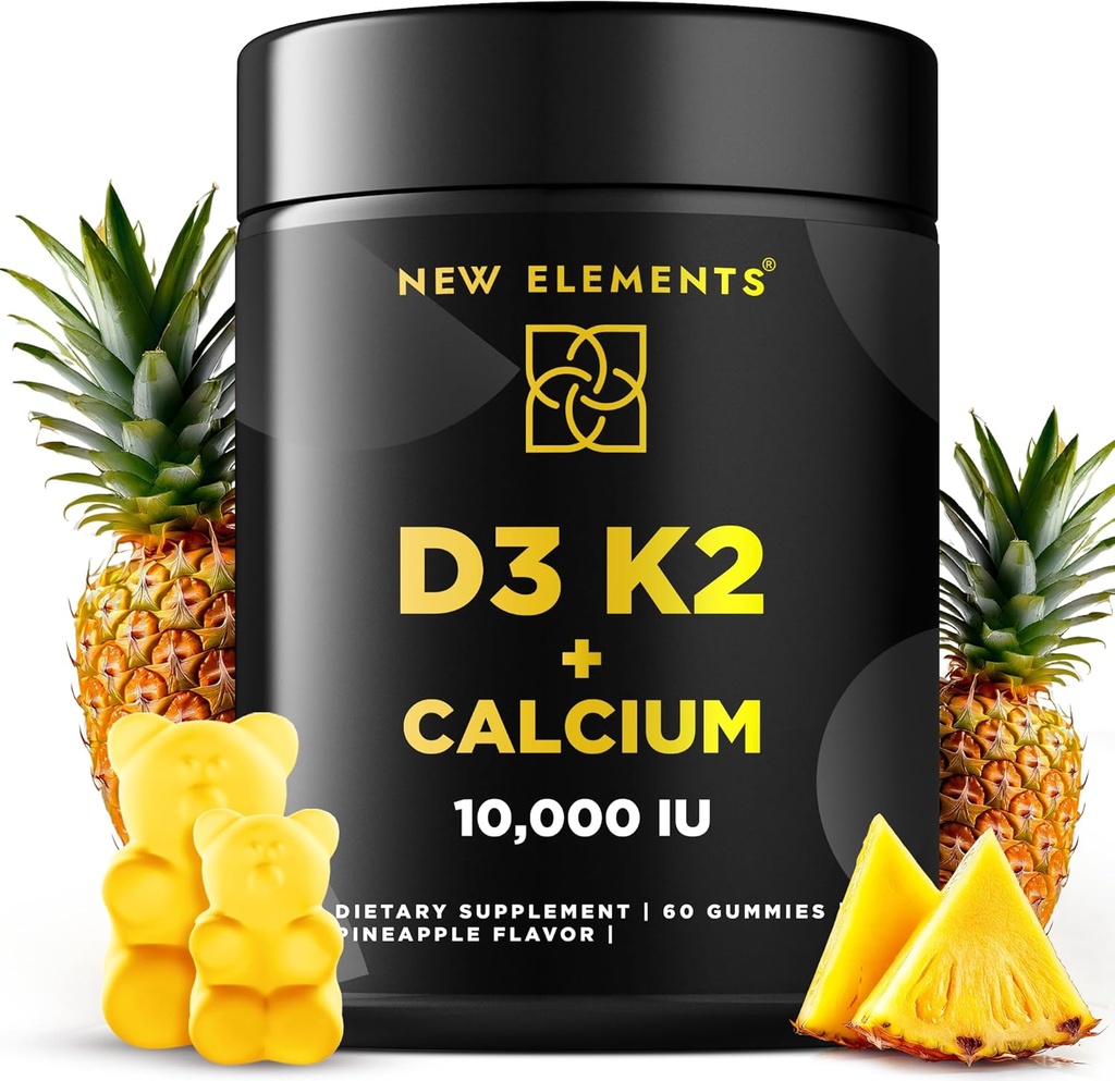 New Elements Vitamin D3 K2 Gummies 10000 IU with Calcium 100mg - VIT D3 for Adults - Mk7 Vitamin K2 100mcg - Vitamin D Supplement for Men & Women - Vegan Gluten Free Non-GMO