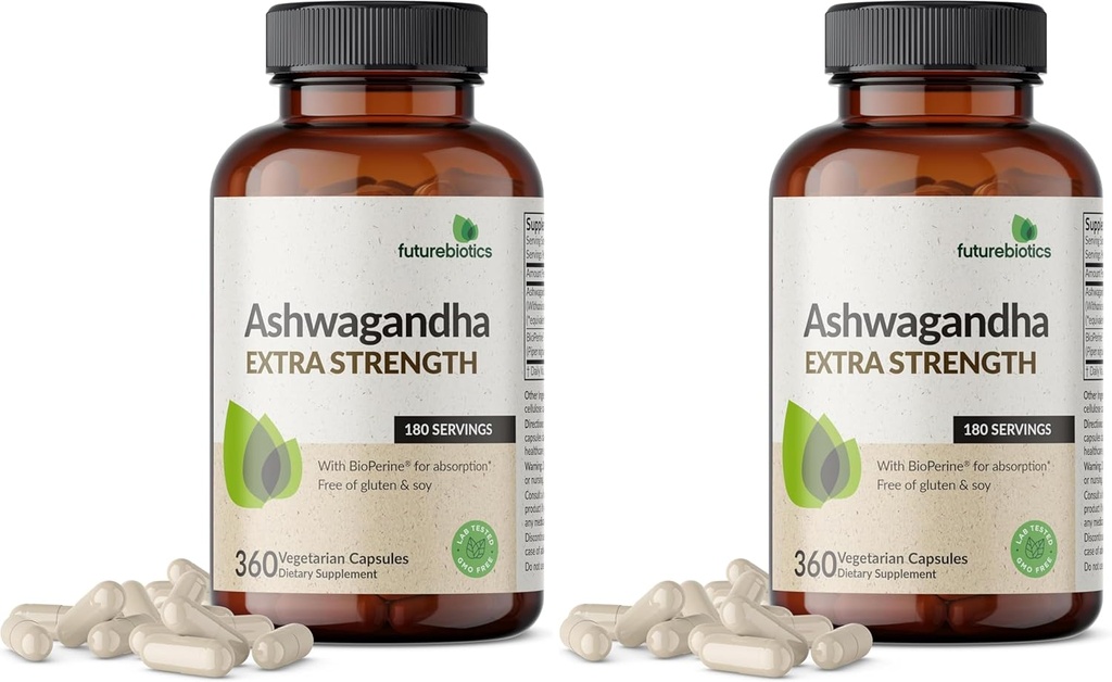 Futurebiotics Ashwagandha Extra Strength Stress & Mood Support with BioPerine - Non GMO Formula, 360 Vegetarian Capsules (Pack of 2)