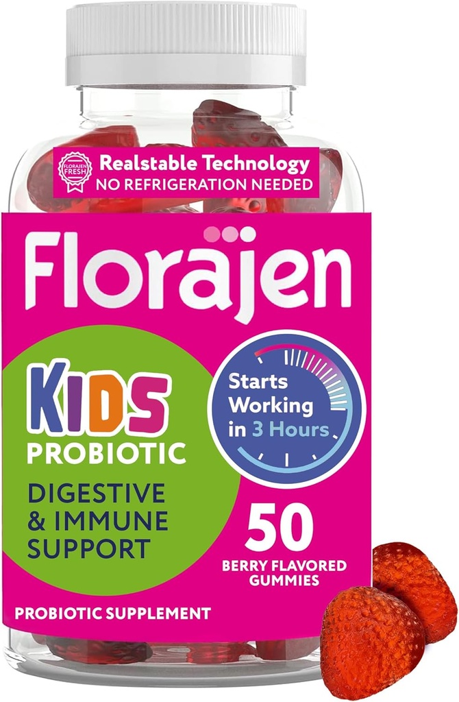Florajen Kids Probiotic Gummies, Triple-Action Prebiotic, Probiotic, & Postbiotic Supplement for Digestive Health, Immune Support, & Bloating Relief, Organic, Vegan, & Gluten-Free, 50-Count