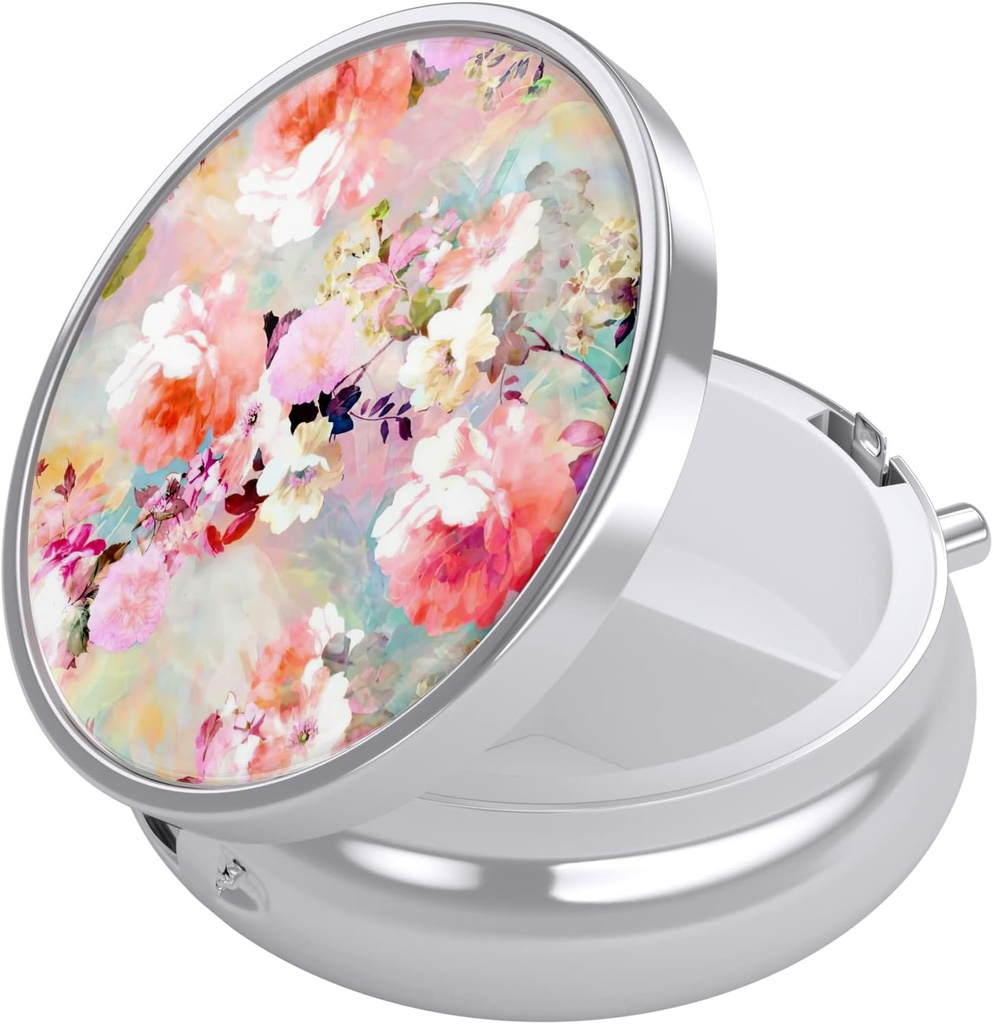 Nipichsha Pill Box, Small Pill Case for Purse & Pocket, Cute Travel Medicine Organizer, Portable Medicine Container Holder to Hold Vitamins, Medication, Fish Oil & Supplements, Pink Watercolor Flowers